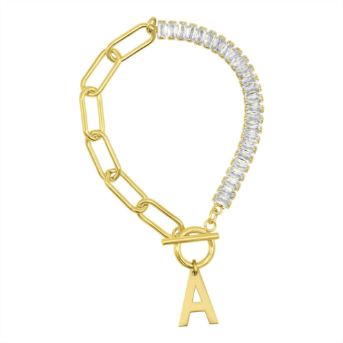Adornia 14 gold plated half crystal and half paperclip initial toggle bracelet