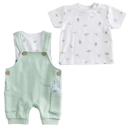 Andy Wawa green dinosaur print overalls outfit