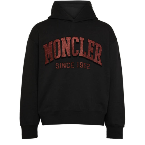 Moncler hooded with red glitter logo pullover cotton sweatshirt in black