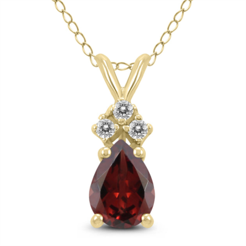 SSELECTS 14k 7x5mm pear garnet and three stone diamond pendant