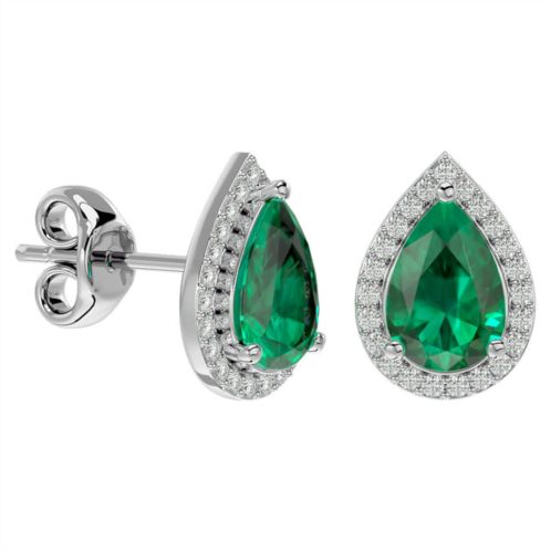 SSELECTS 3 carat pear shape emerald and halo diamond earrings in sterling silver