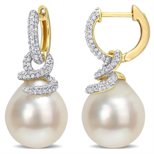 Mimi & Max 10-11mm south sea cultured pearl and 1/2ct tw diamond swirl huggie earrings in 14k yellow gold