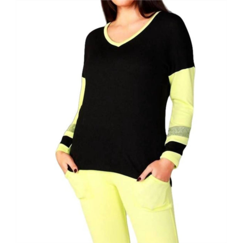 French kyss color block v-neck with stripe in black/lime