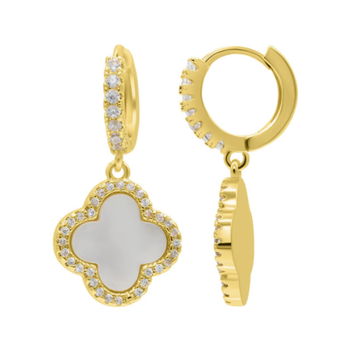 Adornia 14k gold plated crystal halo white mother-of-pearl clover dangle huggie earrings