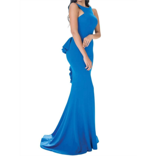 JOVANI high front low back with ruffles dress in teal blue