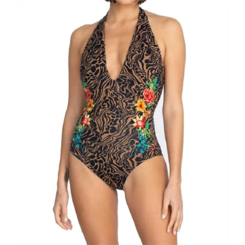 Johnny Was halter embroidered onepiece swimsuit in multi