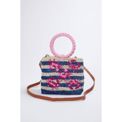 ETHNiQUE shelly embroidered raffia cross-body wristlet bag in blue/pink