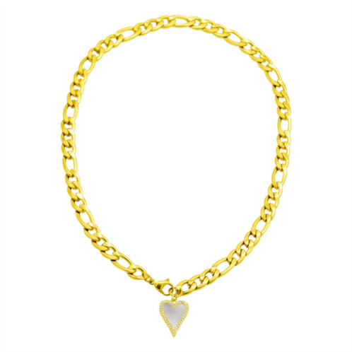 Adornia tarnish resistant 14k gold plated figaro chain with crystal halo mother-of-pearl heart