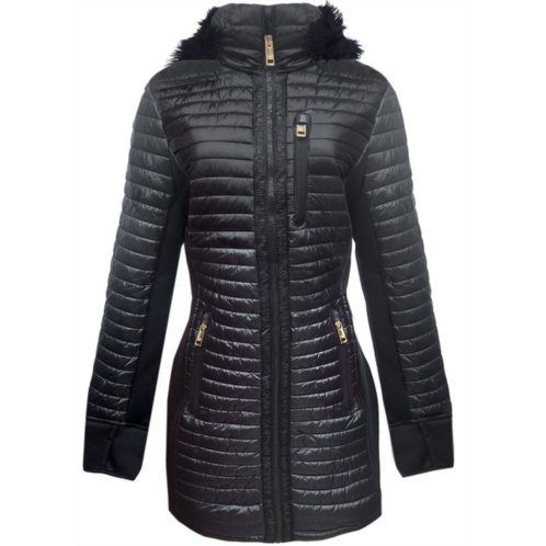 Michael Michael Kors women black quilted mixed media faux fur hood 3/4 coat