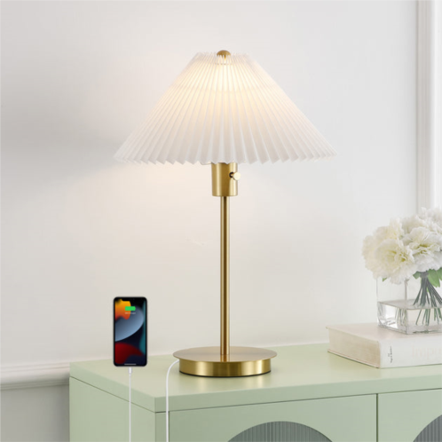 Jonathan Y freida 21.25 modern glam metal column led table lamp with usb charging port and pleated shade, brass gold/white