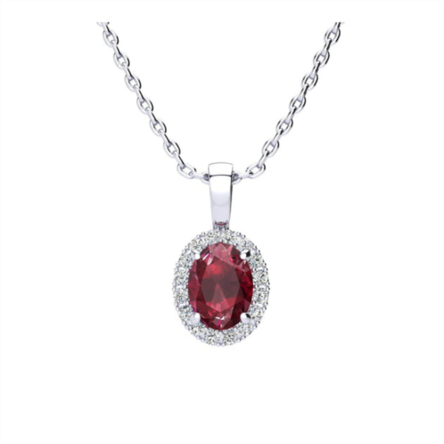 SSELECTS 1 2/3 carat oval shape ruby and halo diamond necklace in 14 karat white gold with 18 inch chain