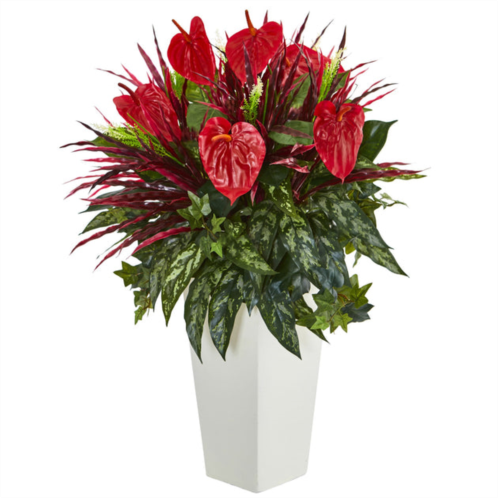HomPlanti mixed anthurium artificial plant in white tower vase