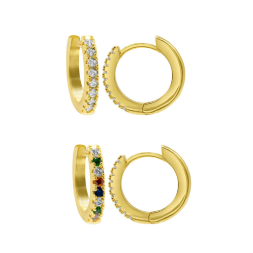 Adornia 14k gold plated set of plain and rainbow huggie hoop earrings