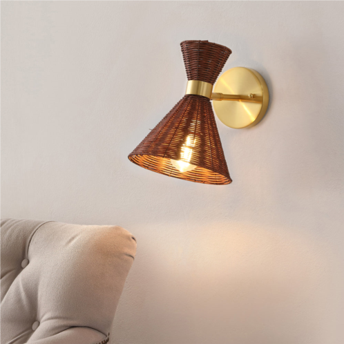 Jonathan Y zoey 10 1-light mid-century vintage retro rattan/metal led sconce with adjustable shade, light brown/brass gold