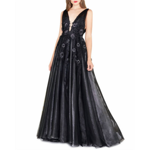 MAC DUGGAL embroidered shimmer organza ball gown in black