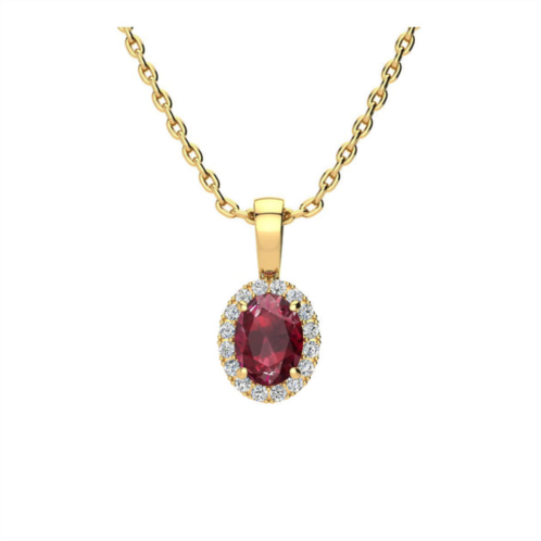 SSELECTS 1 carat oval shape ruby and halo diamond necklace in 14 karat yellow gold with 18 inch chain