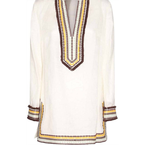 TORY BURCH womens embroidered linen long sleeve tunic beach cover up in ivory white