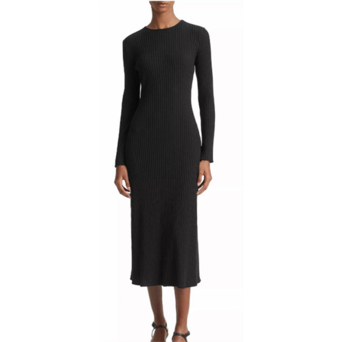 Vince ribbed knit long sleeve crew neck sweater dress in black
