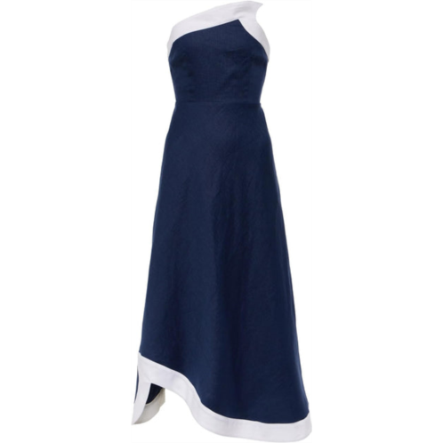 Staud womens sirani asymmetric linen maxi dress, navy/white