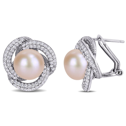 Mimi & Max 10.5-11mm pink cultured freshwater pearl and 1 1/2ct tgw cubic zirconia earrings in sterling silver