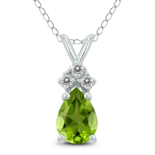 SSELECTS 14k 8x6mm pear peridot and three stone diamond pendant