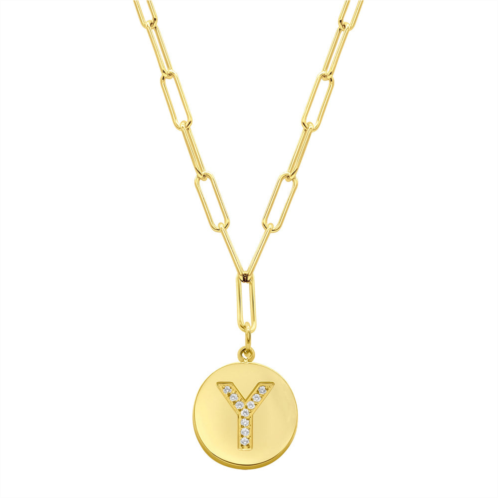 Adornia tarnish resistant 14k gold plated pave crystal initial disc paperclip necklace