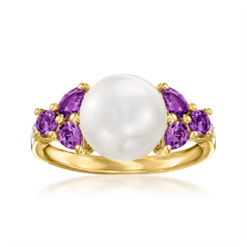 Ross-Simons 9.5-10mm cultured pearl and . amethyst ring with diamond accents in 18kt gold over sterling