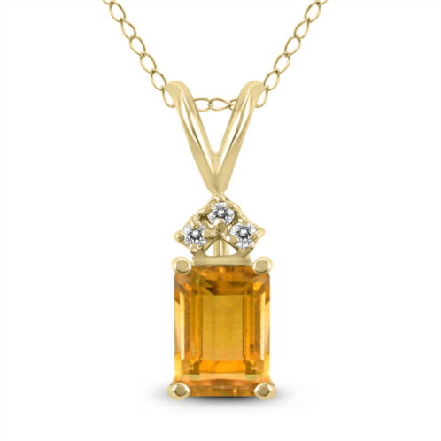 SSELECTS 14k 7x5mm emerald shaped citrine and three stone diamond pendant
