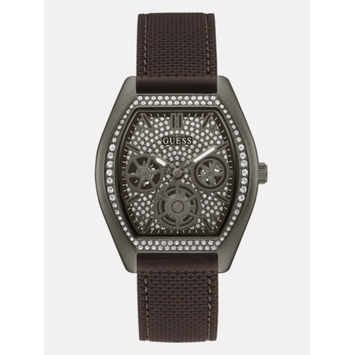 Guess Factory dark silver-tone and brown silicone analog watch