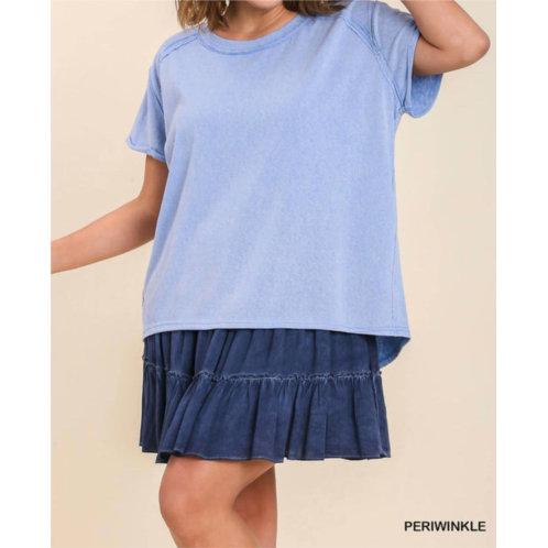 Umgee mineral wash linen blend round neck short sleeve t-shirt in periwinkle