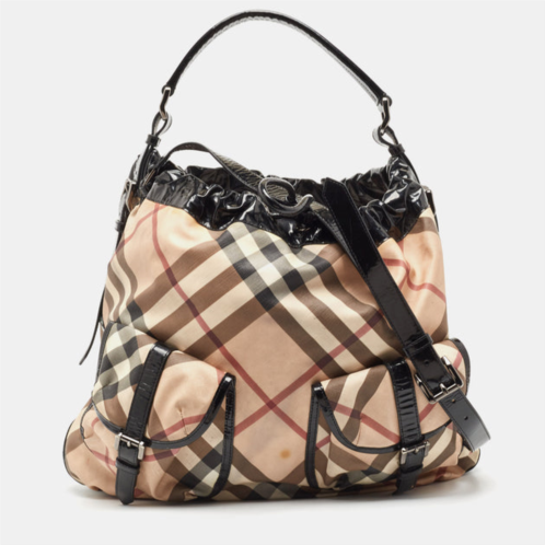 Burberry supernova coated canvas and patent leather drawstring double pocket hobo