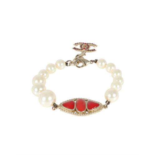 Chanel faux pearl & red gripoix cc bracelet