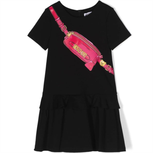 Moschino black dress with belt bag print and ruffle