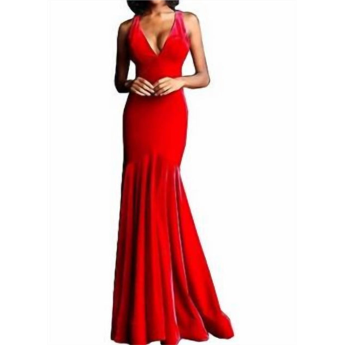 JOVANI velvet open back long dress in red