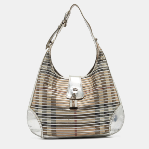 Burberry /beige house check coated canvas and patent leather brooke hobo