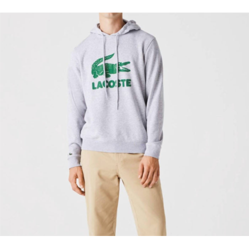 LACOSTE mens hooded fleece sweatshirt with printed logo in grey