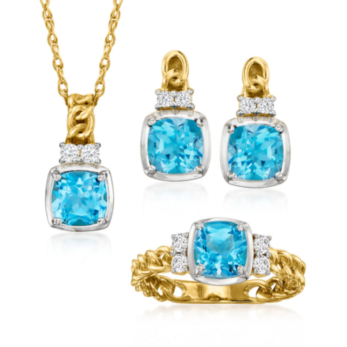 Ross-Simons swiss blue and white topaz jewelry set: pendant necklace, earrings and ring in 18kt yellow gold over sterling
