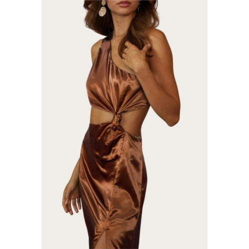 ENDLESS BLU. one-shoulder satin cutout midi dress in bronze