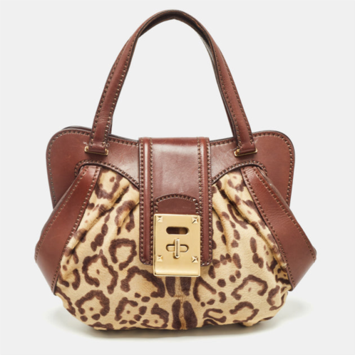 Valentino brown leopard print calf hair and leather satchel