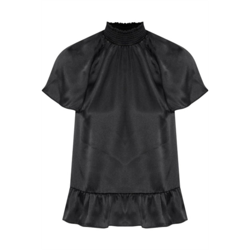 RACHEL ZOE harbor high smocked neckline ruffled silk blouse in black