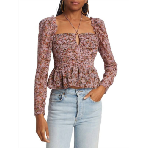 ASTR floral rouched long sleeve blouse in black/pink