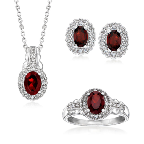 Ross-Simons garnet jewelry set with white topaz accents: pendant necklace, earrings and ring in sterling silver
