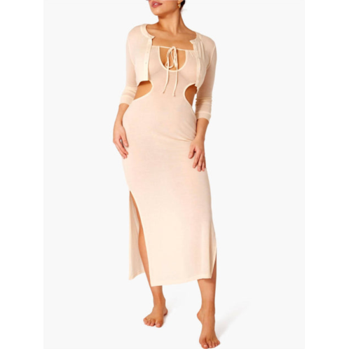 WE WORE WHAT ruched cutout maxi cover up in beige
