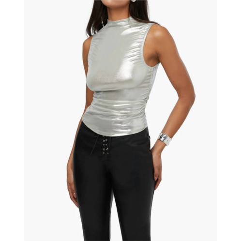 WE WORE WHAT womens foil ruched turtleneck tank in silver