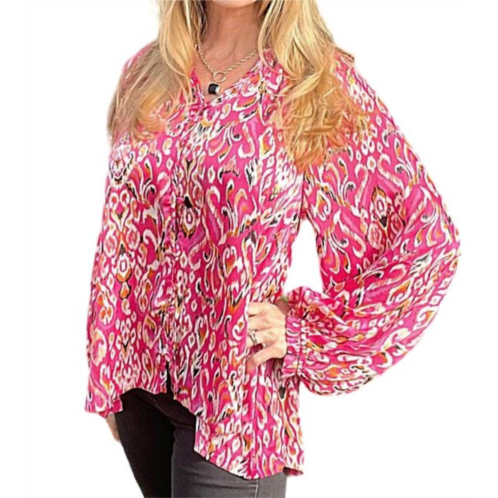 Umgee satin print v-notched long sleeve top in pink