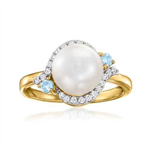 Ross-Simons 8.5-9mm cultured pearl, white zircon and . swiss blue topaz ring in 18kt gold over sterling