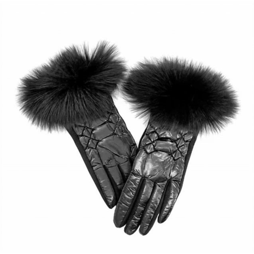 Mitchie metallic puffer gloves w/ fox trim in black