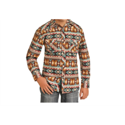 Rock & Roll Denim boys dale brisby aztec print long sleeve snap shirt in brown multi