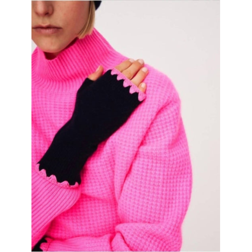White + Warren cashmere crochet trim handwarmer in navy/ pink