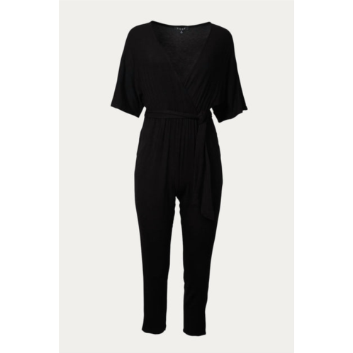 Fore wrap-effect belted stretch-jersey jumpsuit in black